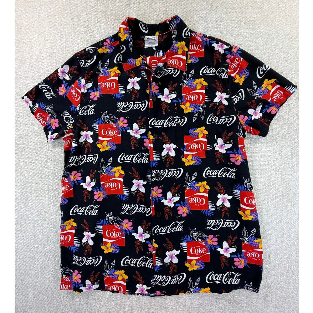 Coca-Cola Men L Black Logo Print Short Sleeve Bowling Shirt Retro Style